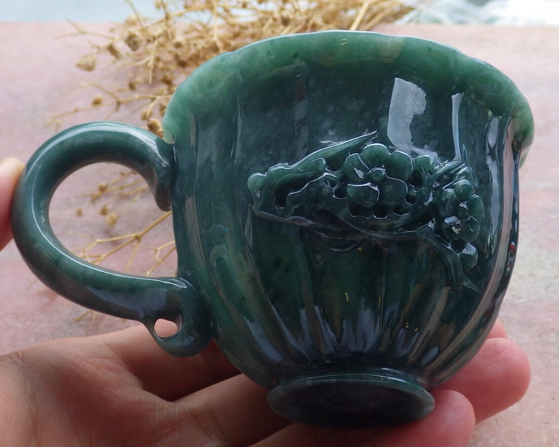 Video Certified Green A Jade jadeite Display Flower Cup Jewelly Box 670335 AS