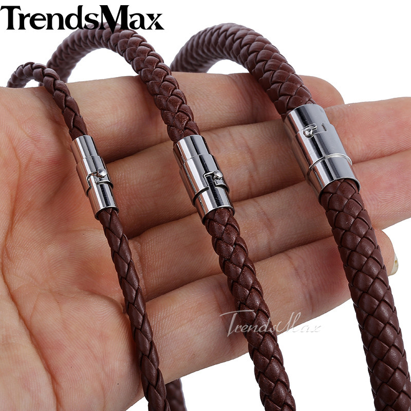 4/6/8mm Unisex Braided Leather Rope Choker Necklace Stainless Steel Magnet Clasp