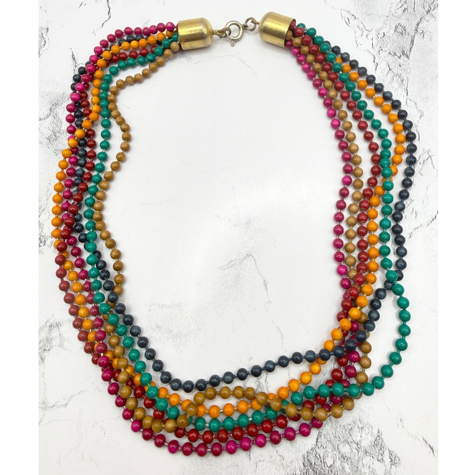 Vintage Multi Strand Beaded Necklace Multicolor Glass Look 15″ Festival Jewelry