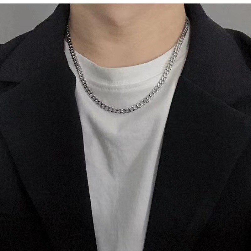 Double Cuban Chain Vertical Bar Pendant Necklace Silver Minimalist Men Jewelry