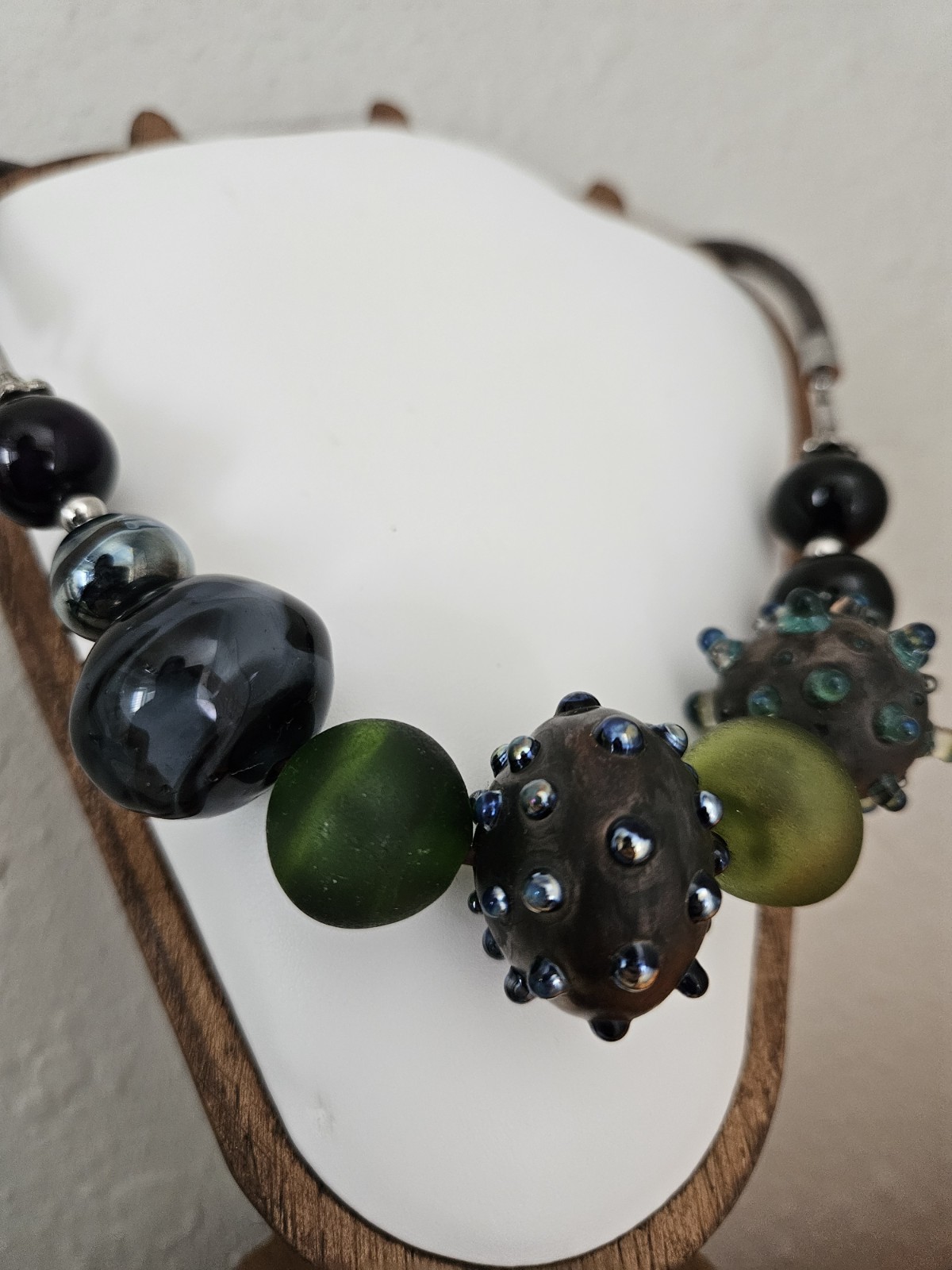 Statement Beaded Necklace Black Green Gray Round Glass Beads Leather Cord
