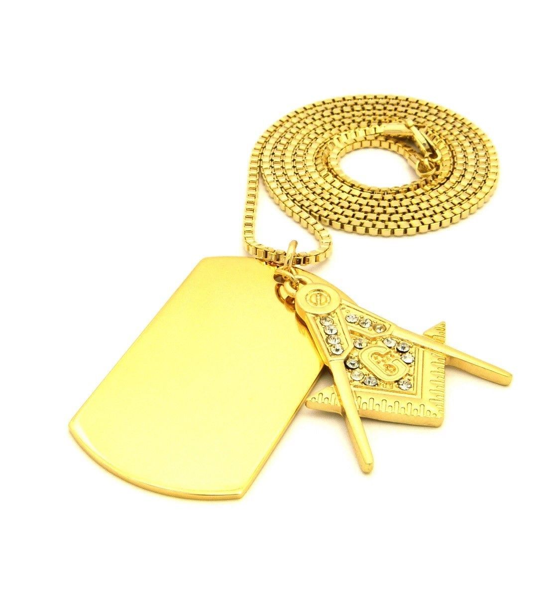 Iced FREEMASON MASONIC & Dog Tag Pendant & 2mm 24″ Box Chain Bling Necklace