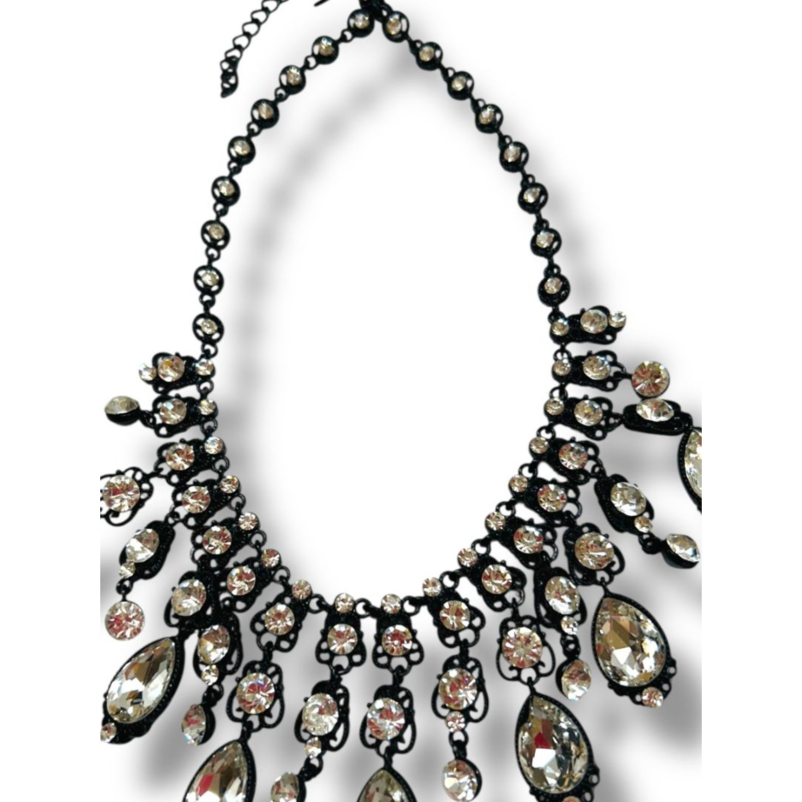 Natasha Bib Necklace Black Chain Clear Beads Sparkly 16-19″