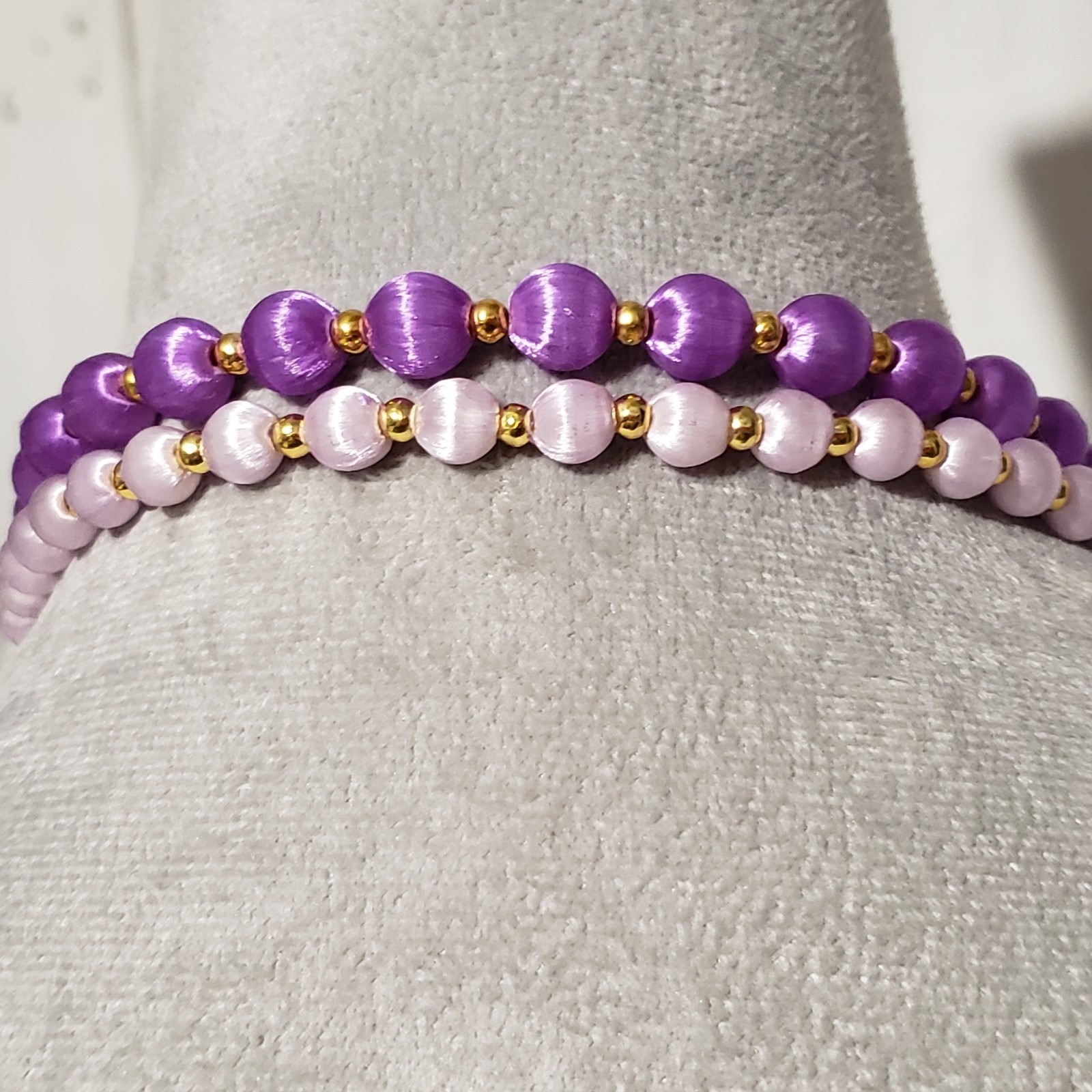 Vtg Bead Necklaces Set of 2 Purple Silk Satin Wrapped Boho Coquette Retro Fairy