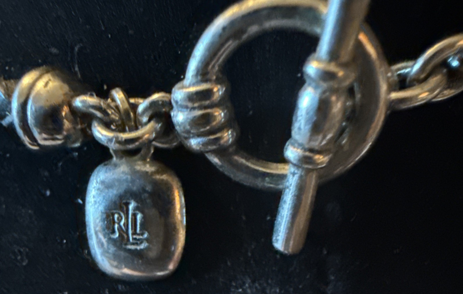 Lauren Ralph Lauren Black Leather 14 Inch Necklace Metal Disc Signed Toggle VGC