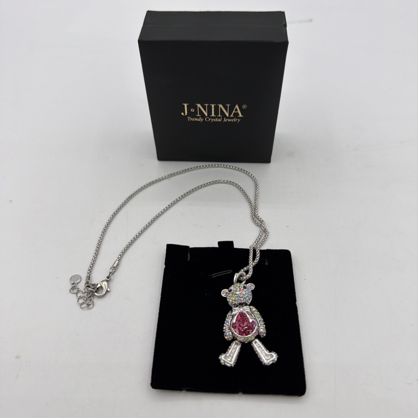 Swarovski Silver Tone Articulated Princess Teddy Bear Necklace J. NINA crystals