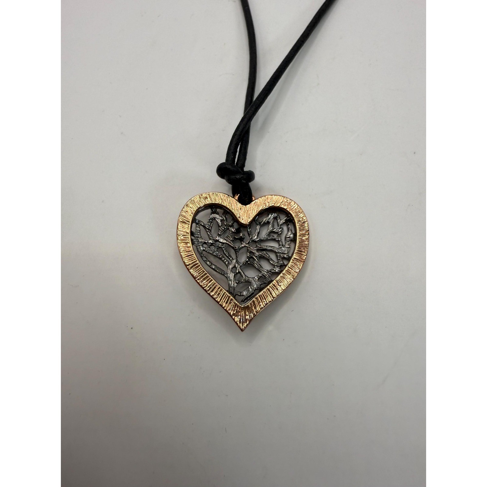 Two Tone Heart Pendant Necklace Black Cord Modern Statement