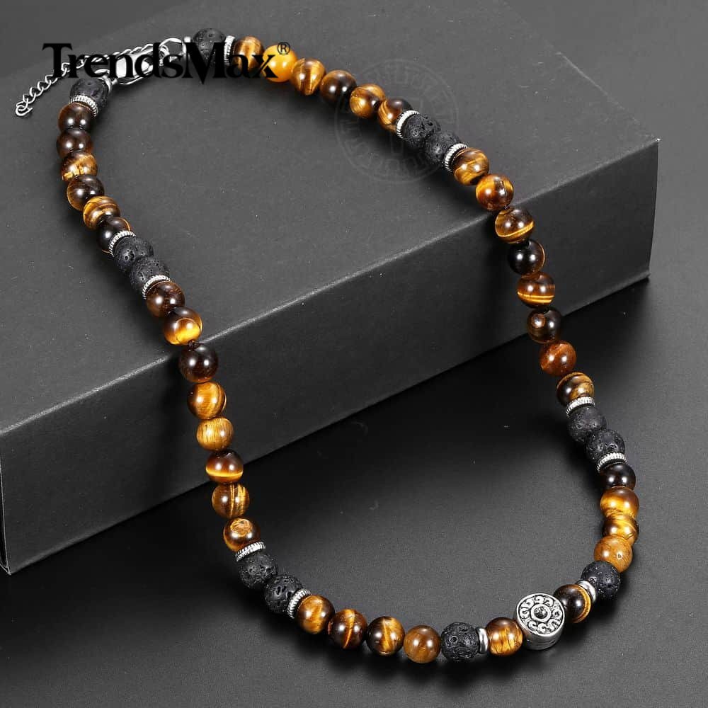 8MM 18″ Natural Yellow Tiger Eye’s Stone Lava Beaded Necklace Choker for Men Boy