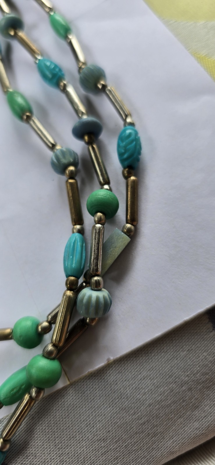 Silver Tone Bar Link Multi-Strand Beaded Necklace w/ Blue Green Oval Stones