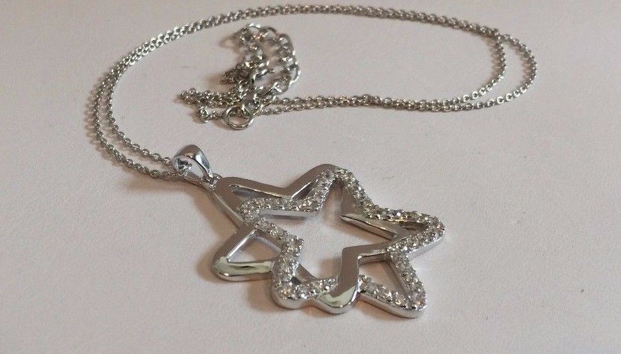 925 SILVER SILVER DOUBLE STAR PENDANT NECKLACE W/2 CT ACCENTS/18”