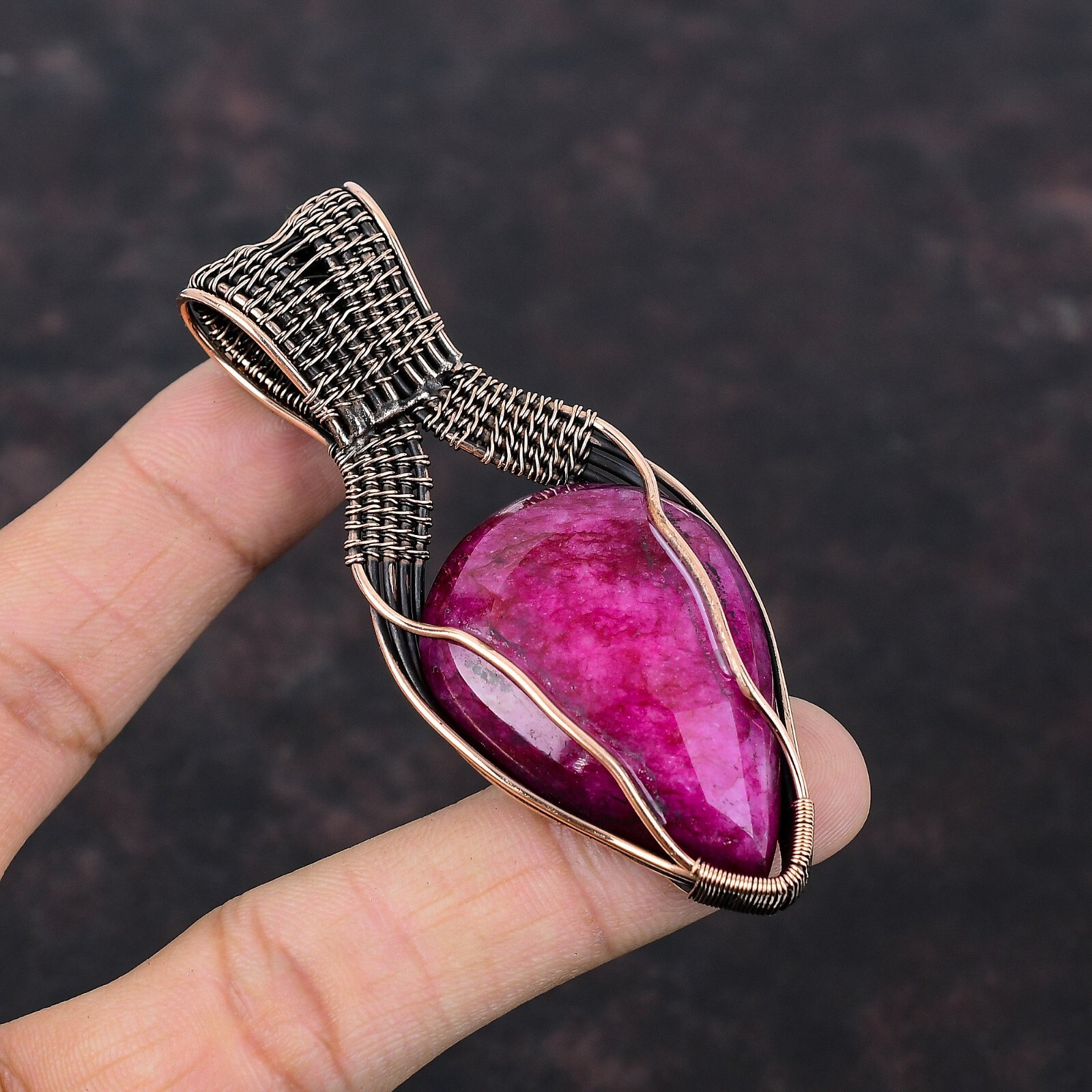 Unique Gemstone Jewelry Copper Gift For Mum Wire Wrapped Red Stone Pendant 3.23″