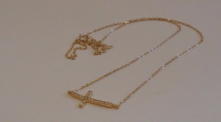SIDEWAYS CROSS NECKLACE PENDANT W/ LAB CREATED DIAMONDS 925 STERLING SILVER