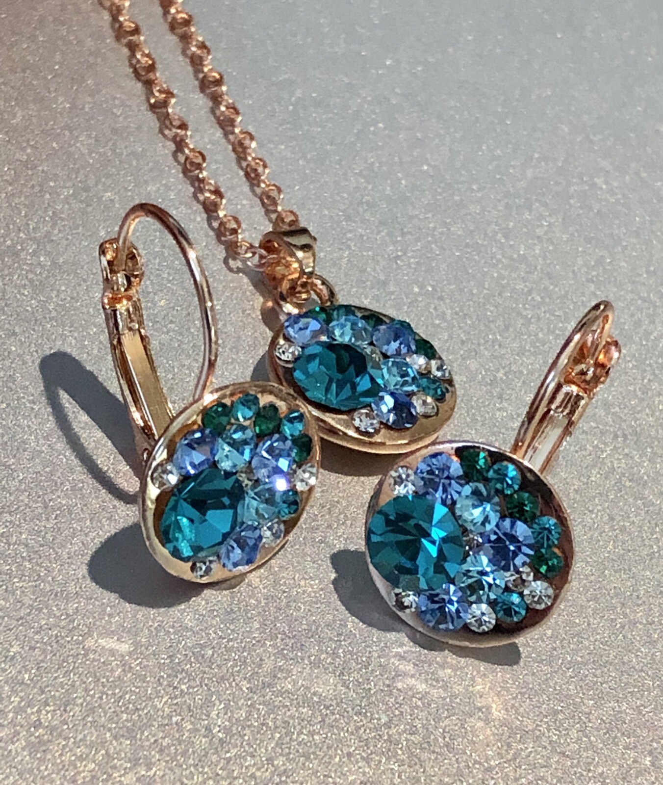 15mm Round Bella Blue Necklace Earrings Swarovski Crystal Rose Gold Plated Over
