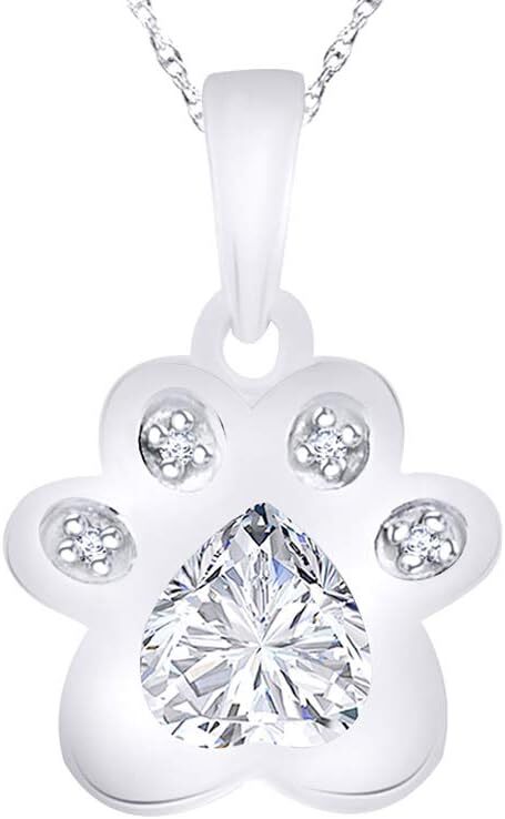 Accent Paw Print Pendant 18″Necklace Simulated Birthstone 925 White Gold Plated