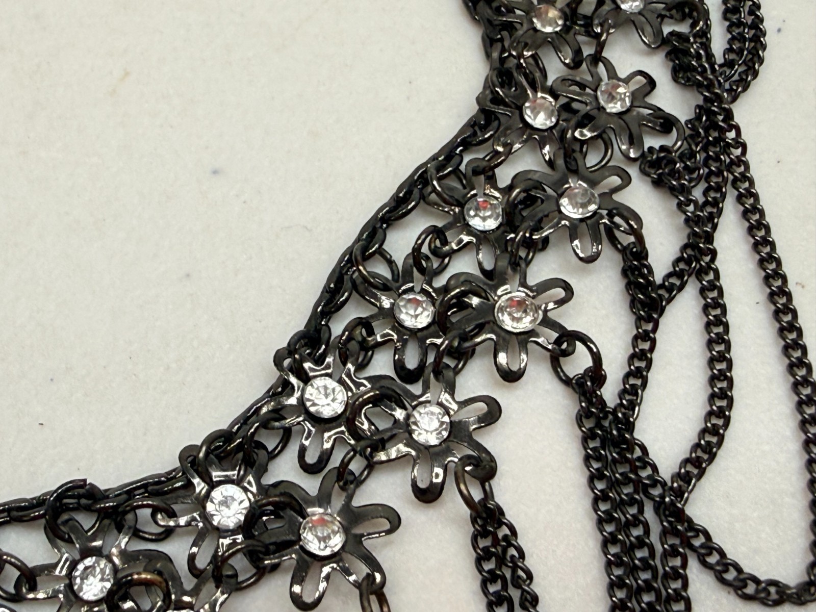 Stunning Statement Choker Necklace Goth Black Chains Clear Rhinestones 16-20 in