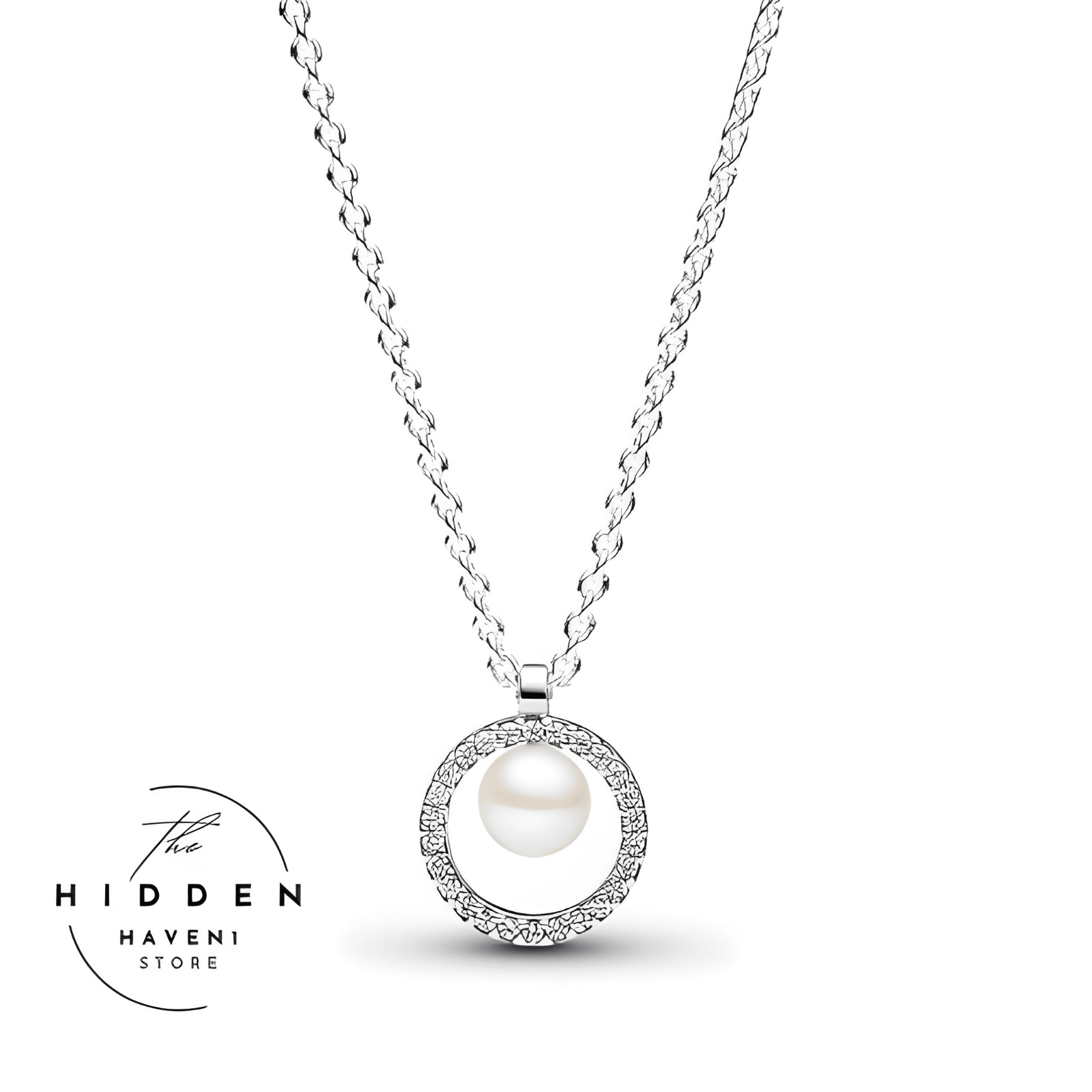Silver Pearl Circle Necklace CZ Halo Pendant Dainty Gift for Women Bridal