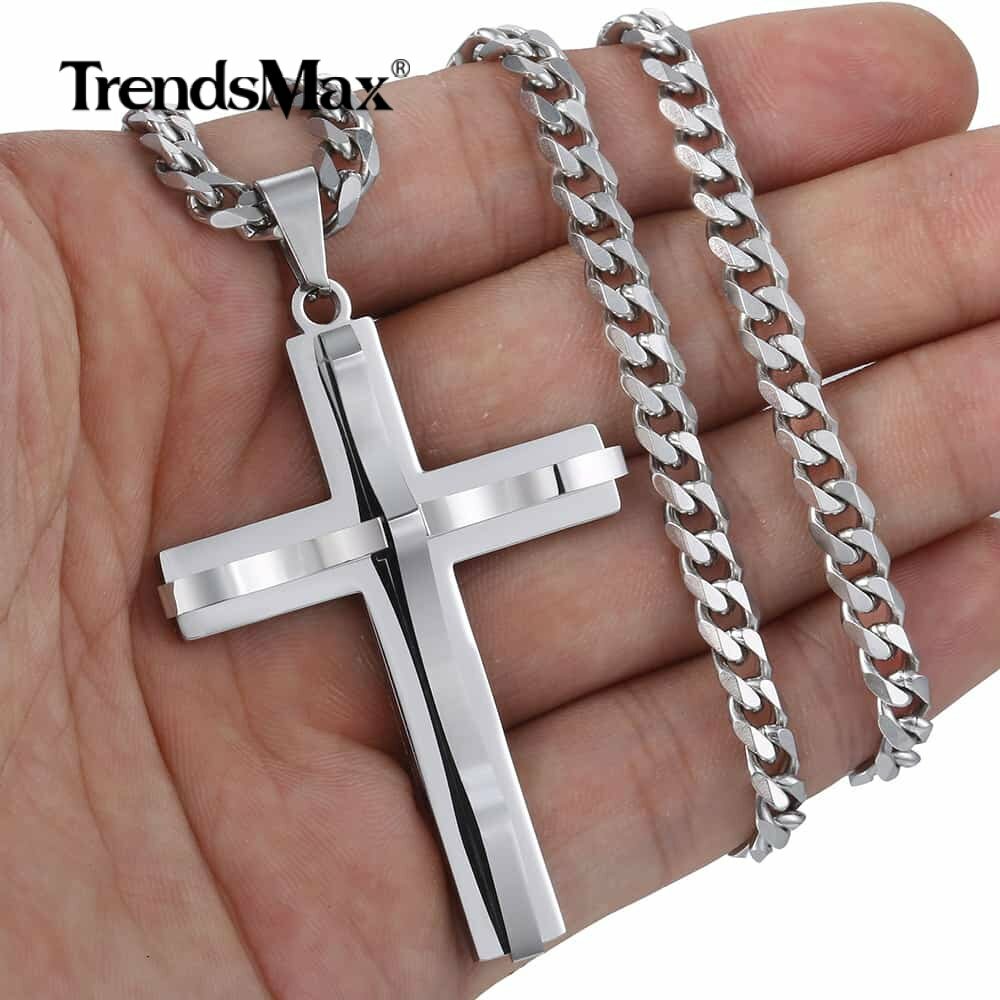 Silver Mens Cross Pendant Necklace 5mm 18-36” Stainless Steel Curb Cuban Chain