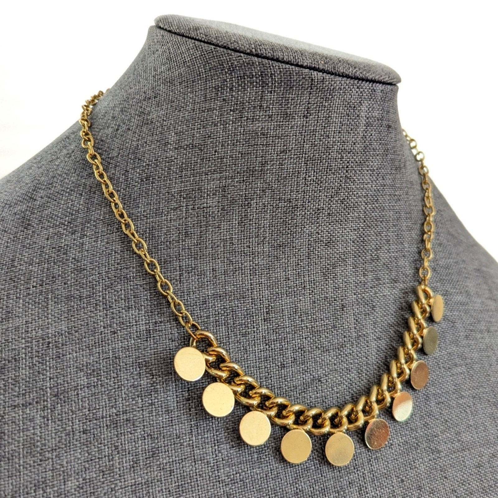 JS Signed Trendy Gold Tone Disc Coin Chain Dangle Chacha Necklace