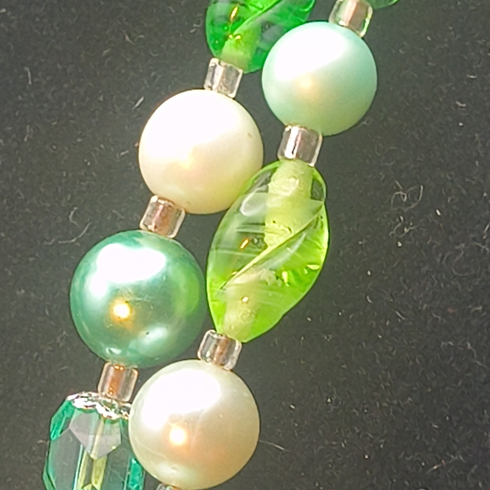 Layered Beaded Marked Japan Statement Necklace Green Glass Bead Round Pearl Hook