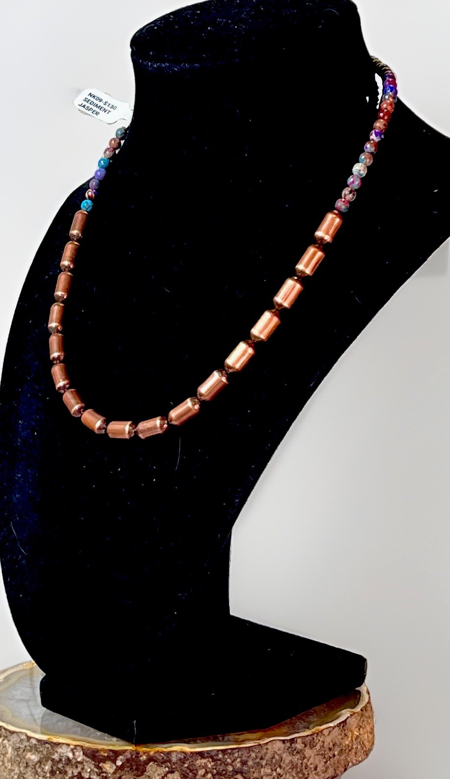Sea Sediment Jasper Beaded Copper Barrel Bead Necklace Round Multicolor- 15 in