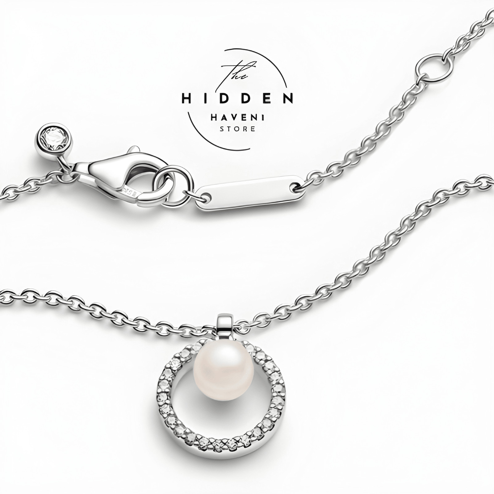 Silver Pearl Circle Necklace CZ Halo Pendant Dainty Gift for Women Bridal