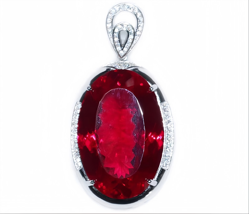 Top Big Oval Pigeon Blood Red Ruby Lab-Created Sterling Silver Pendant Necklace