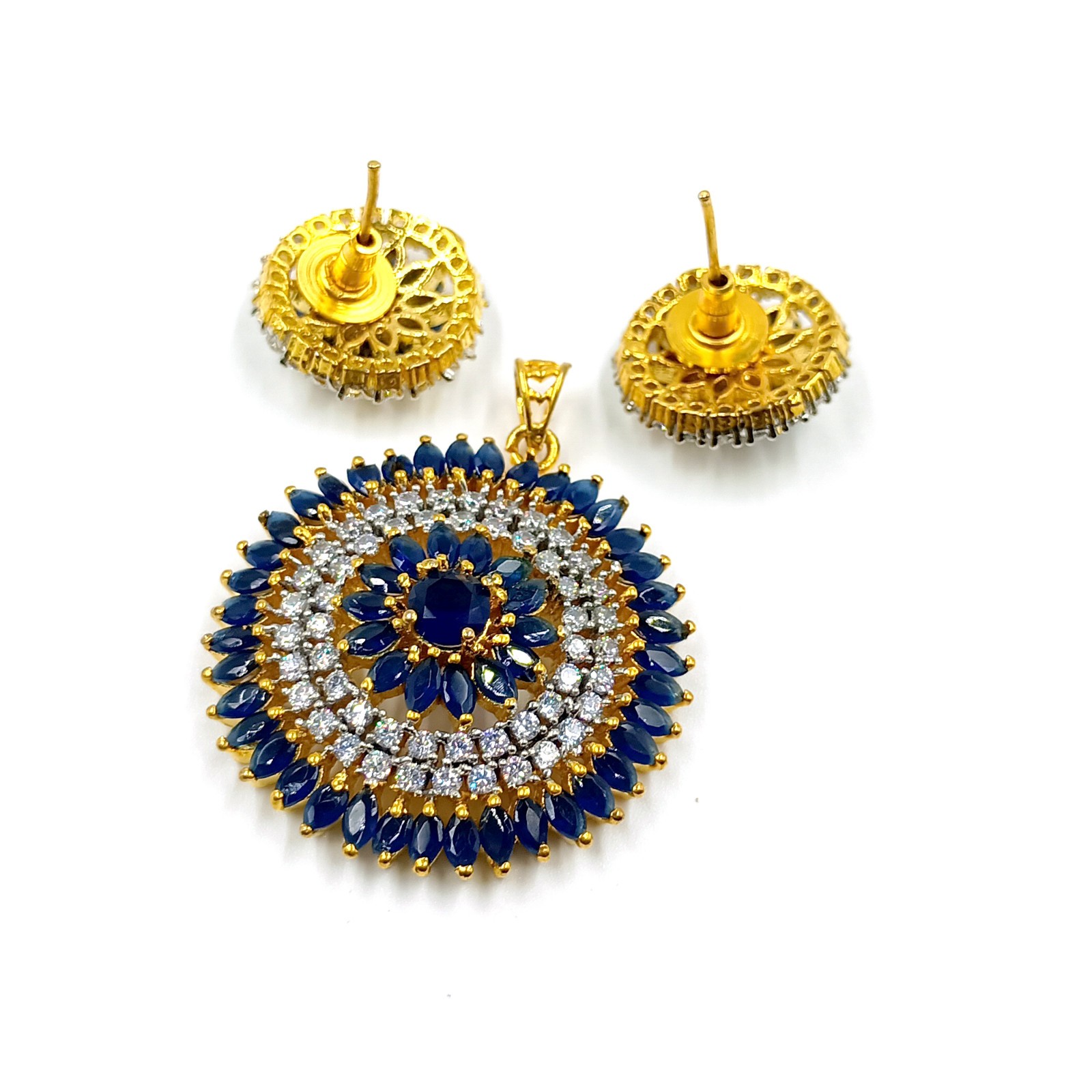 Traditional 22k Gold Plated Sapphire CZ Diamond Bridal Pendant Set Wedding Jewel