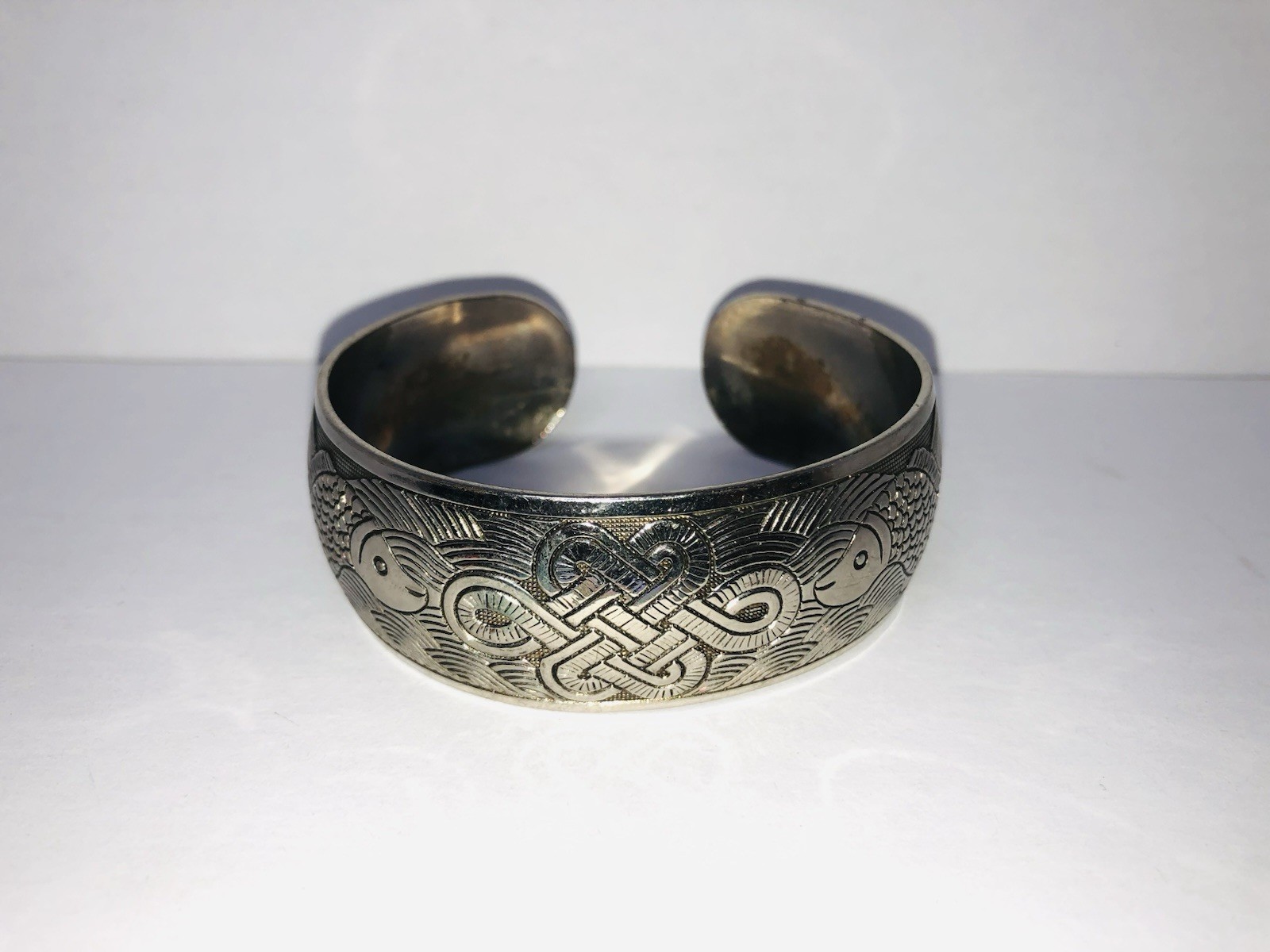 VTG Bangle Bracelet Silver Tone Etched Celtic Knot and Fish Design Open Cuff