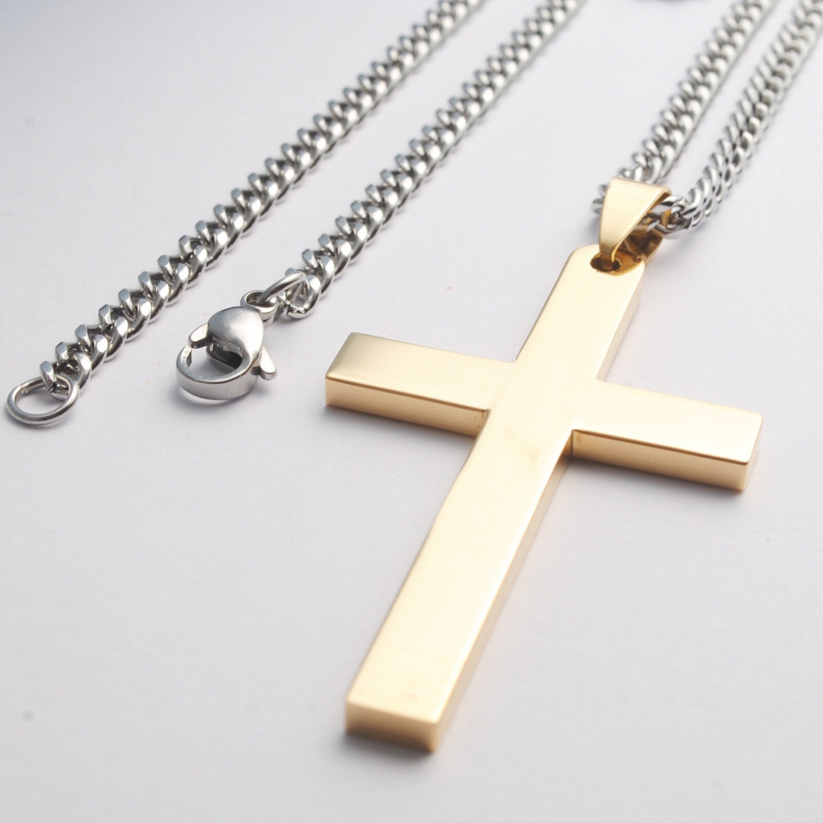 Stainless Steel Plain Silver Jesus Cross Crucifix Pendant Necklace Mens & Womens