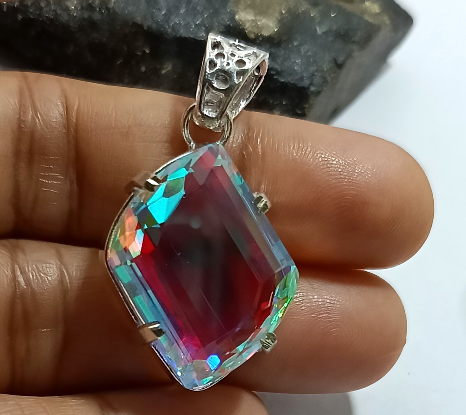 45.57 Ct EGL Certified Natural Mystic 925 Solid Silver Pendant Loose Gemstone