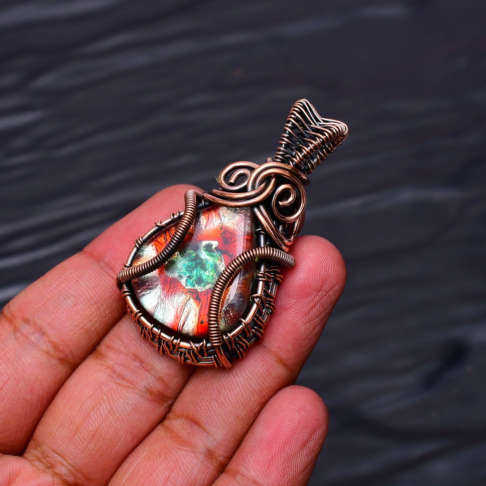 Dichroic Glass Gemstone Copper Wire Wrapped Handmade Jewelry Pendant 2.04″