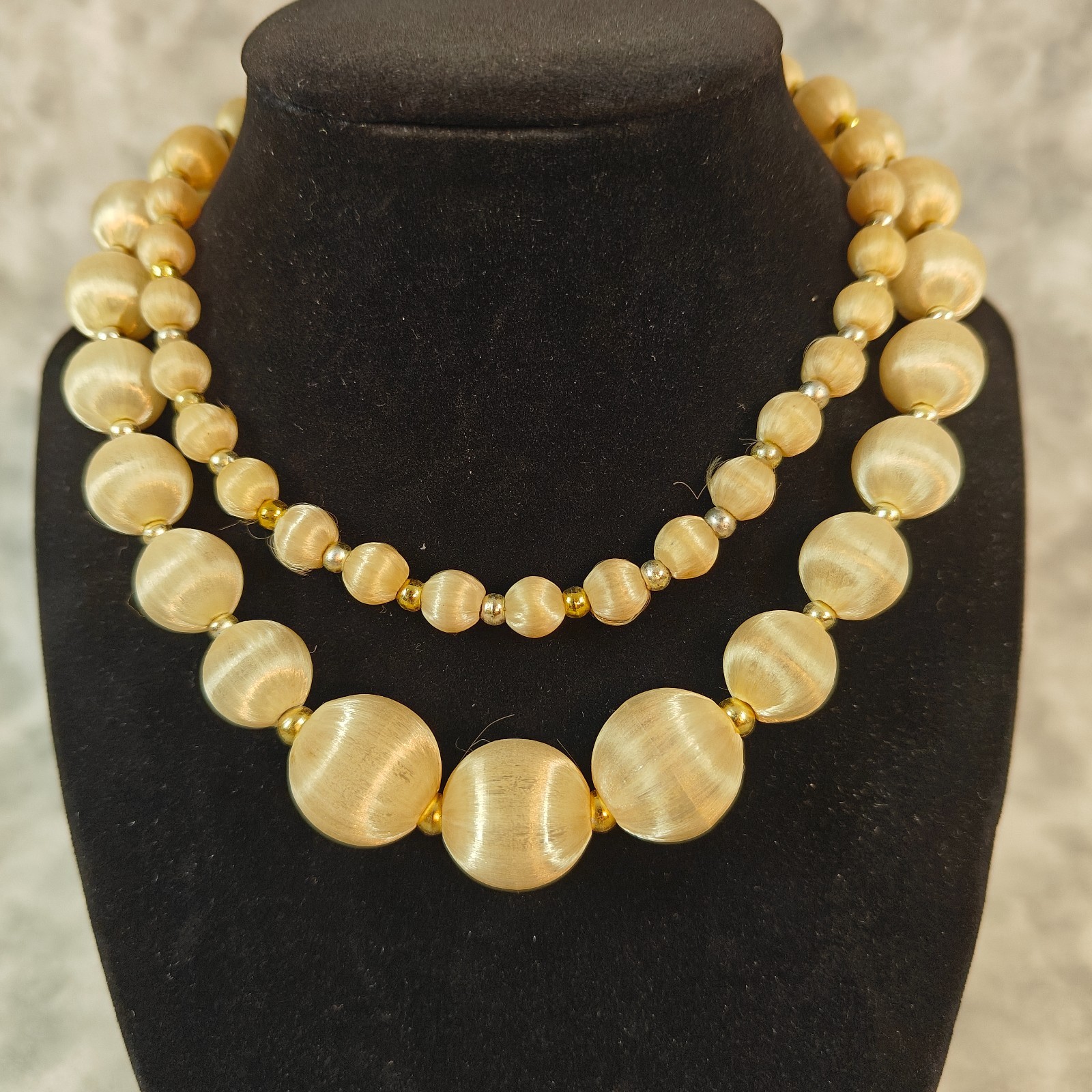 1950s Pale Champagne Satin Silk Wrapped Bead Necklace 30″ Strand Vintage Jewelry