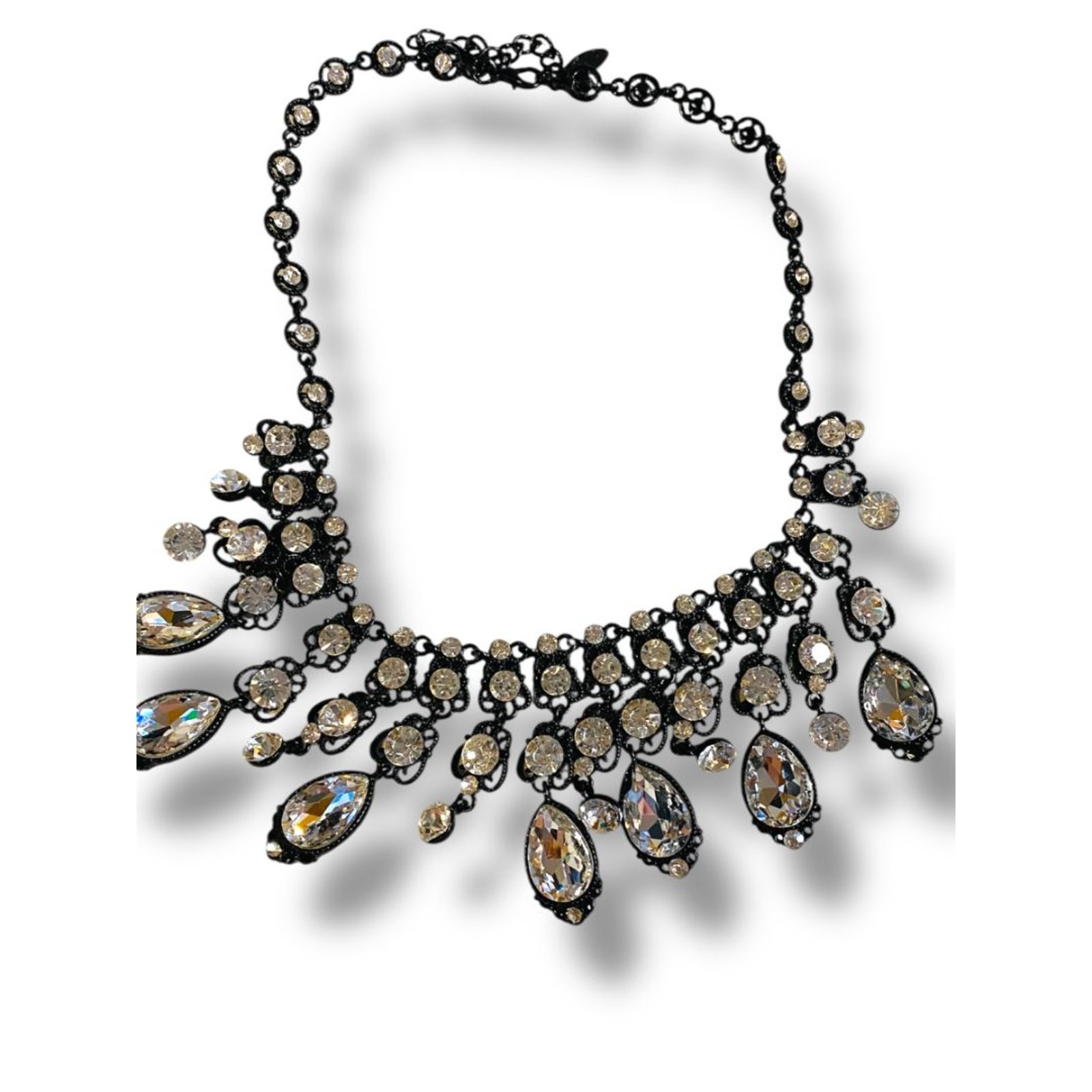 Natasha Bib Necklace Black Chain Clear Beads Sparkly 16-19″
