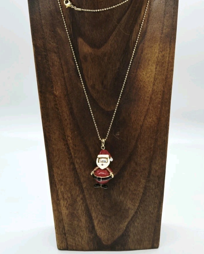 Santa Claus Pendant Necklace enamel Glass Faux Pearl Gold tone 28 in