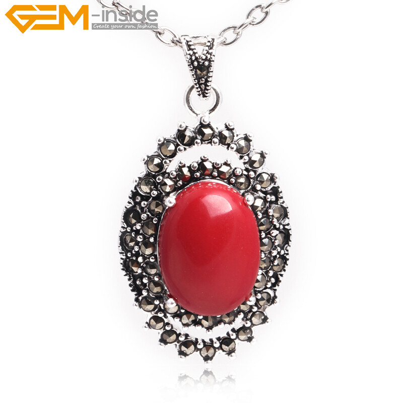 Oval Marcasite Tibetan Silver Crystal Coral jade Jewelry Pendant Necklace Dyed