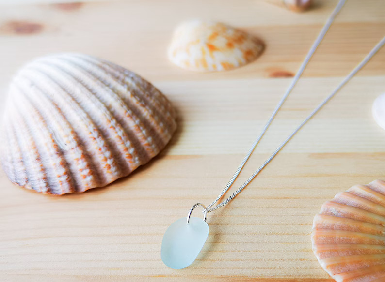Cornish Sea Glass necklace jewellery, ladies gift, sterling silver, seafoam blue