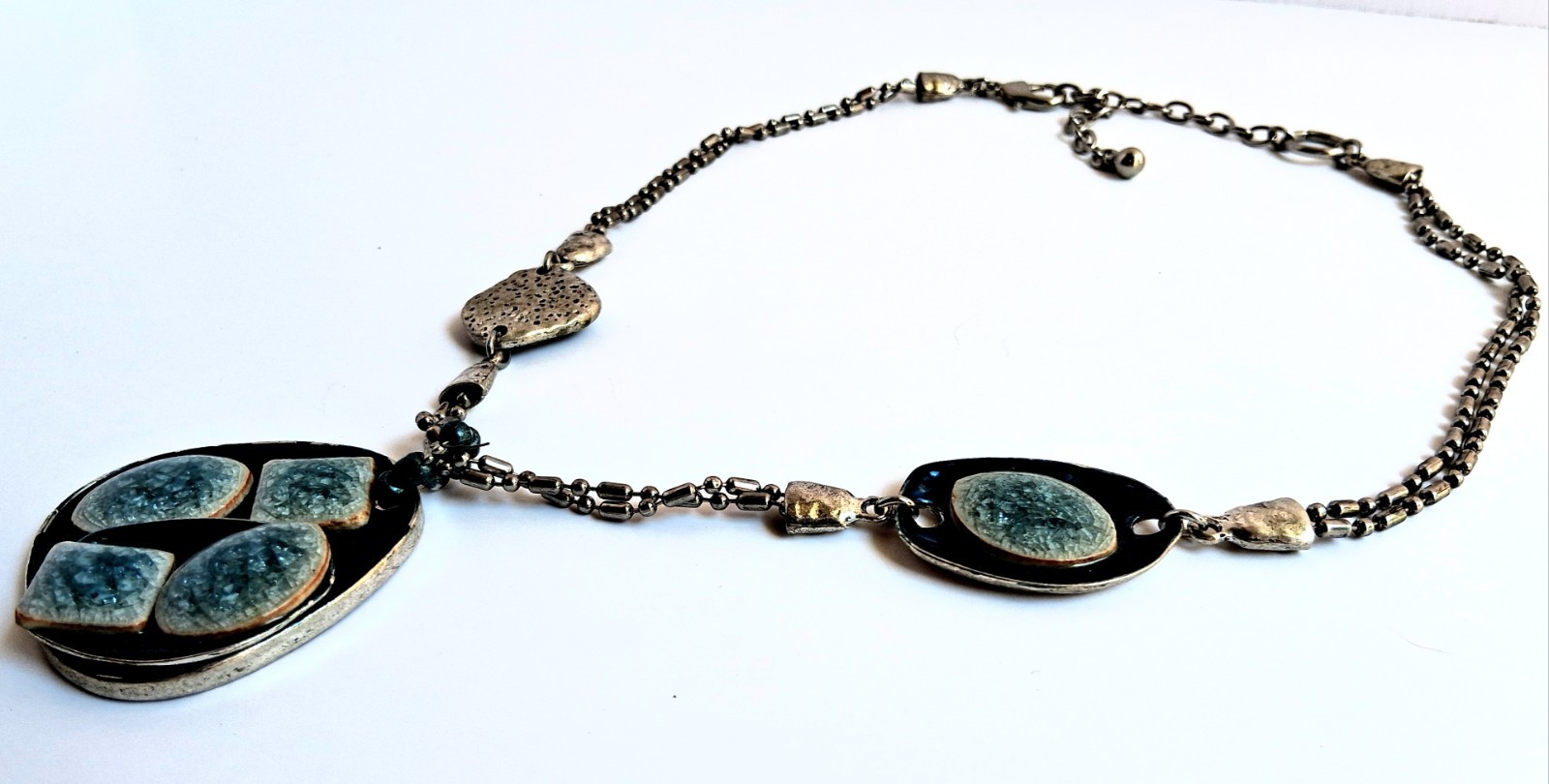 Modern Silver Tone Blue Glitter Stone Geometric Pendant Statement Necklace