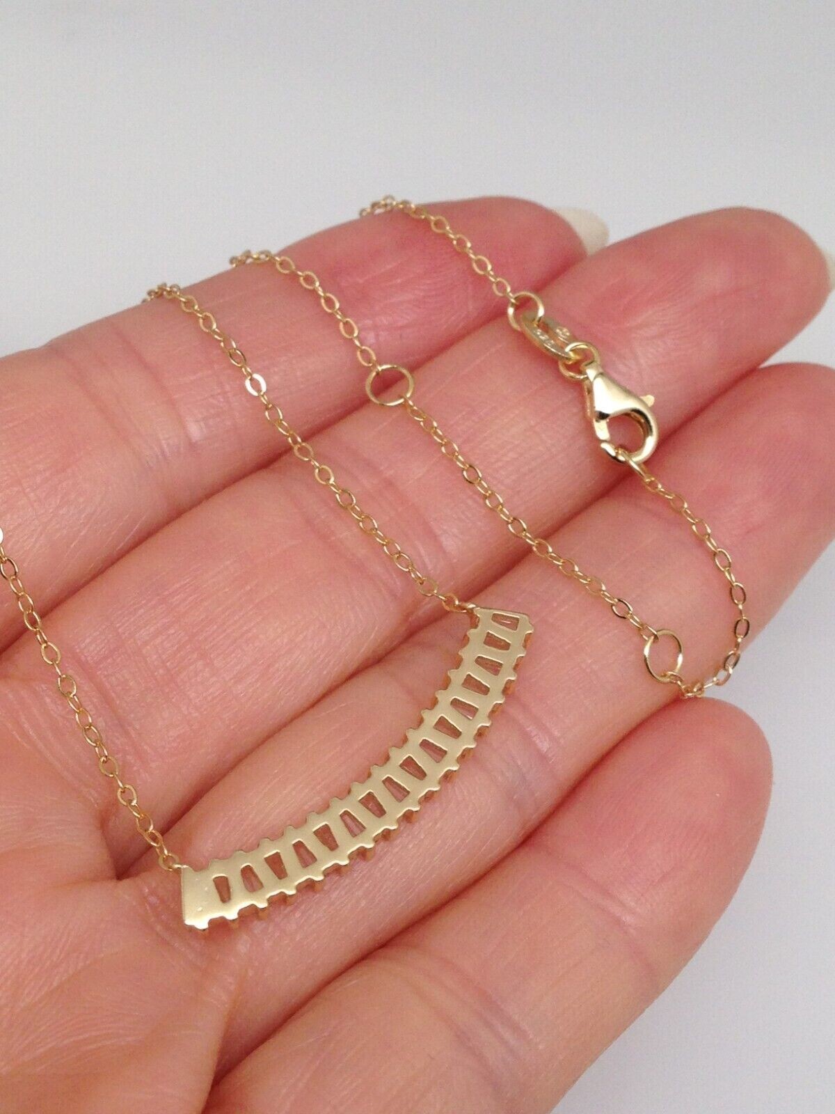 925 Sterling Silver CZ Curved Bar Pendant Necklace Sideways Gold Women 28mm 17″