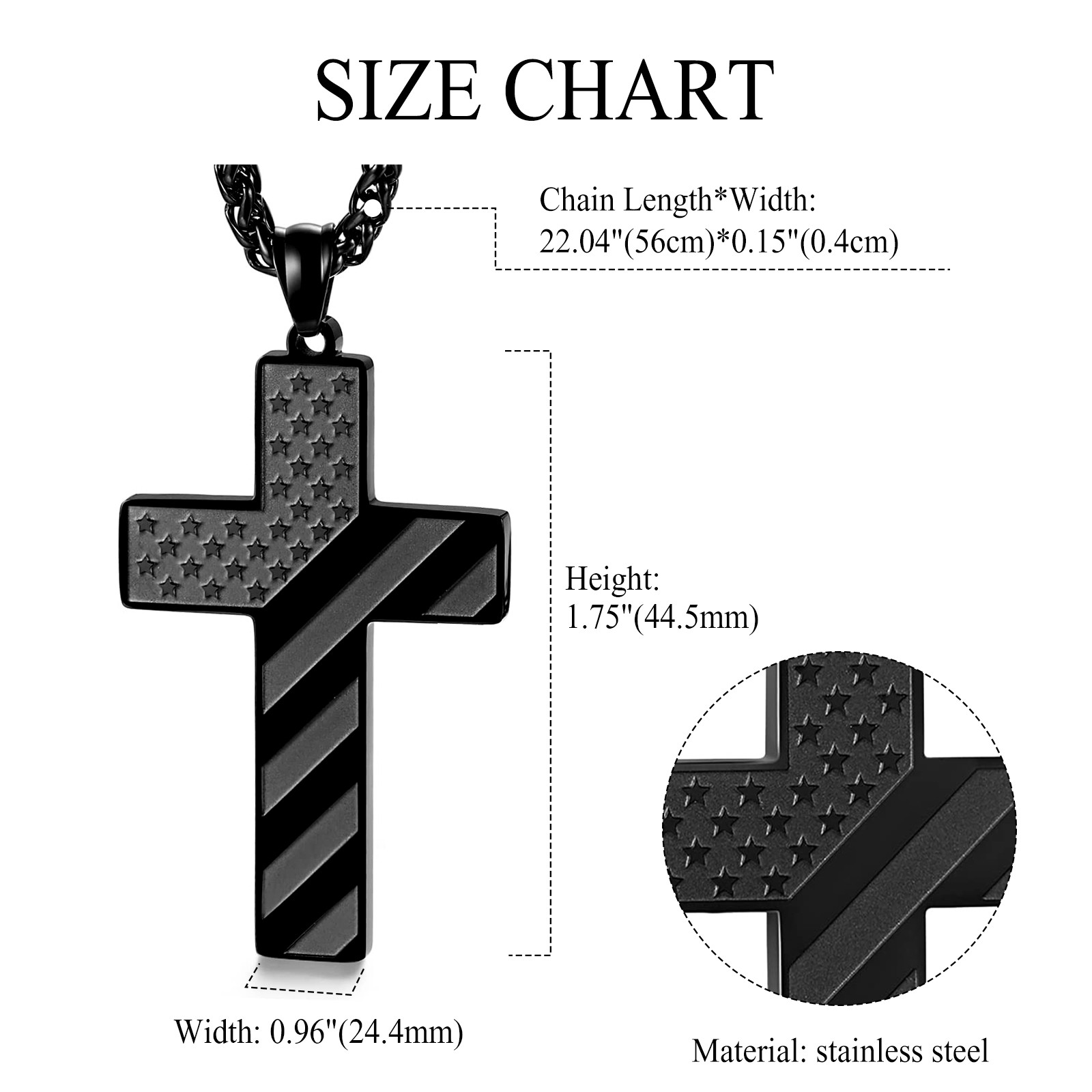 Mens Boys Inspirational Black American Flag Cross Pendant Bible Verse Necklace