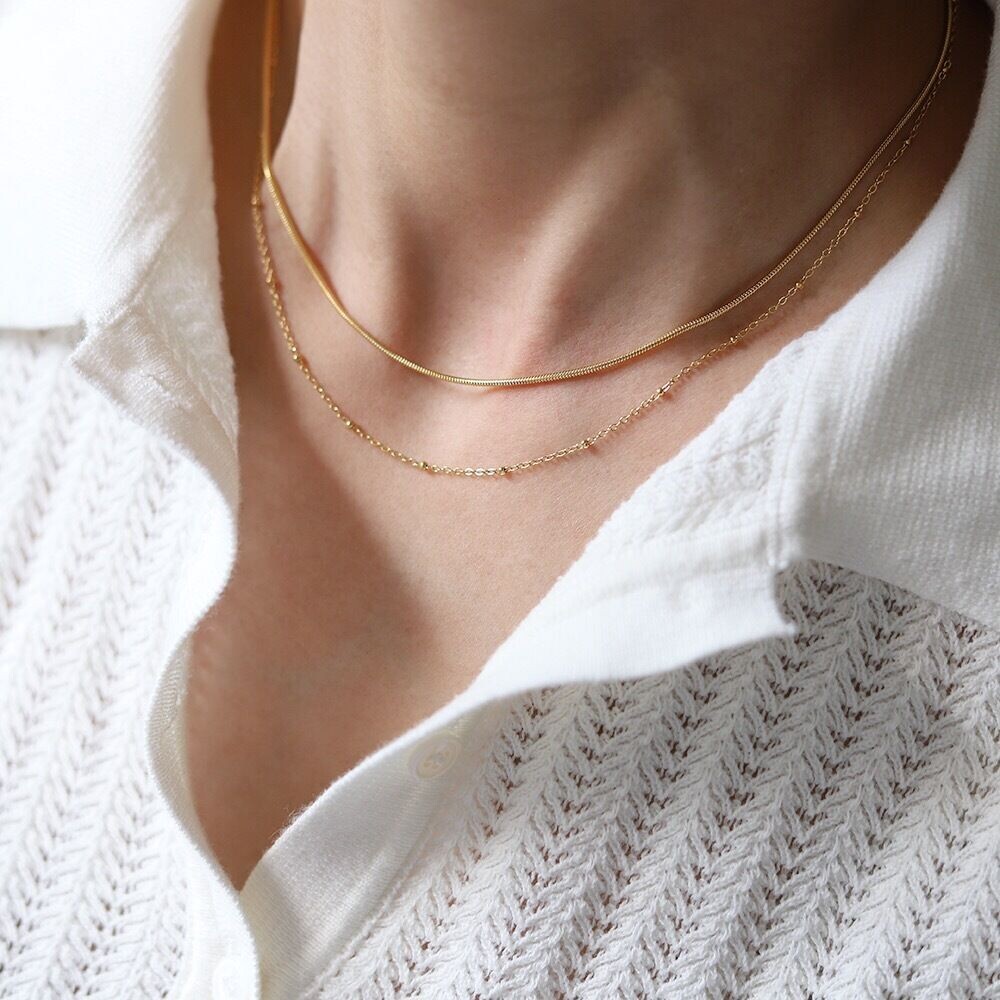 Woman 18K Gold Plated Stainless Steel 2 layers Beaded Snake Chain Necklace