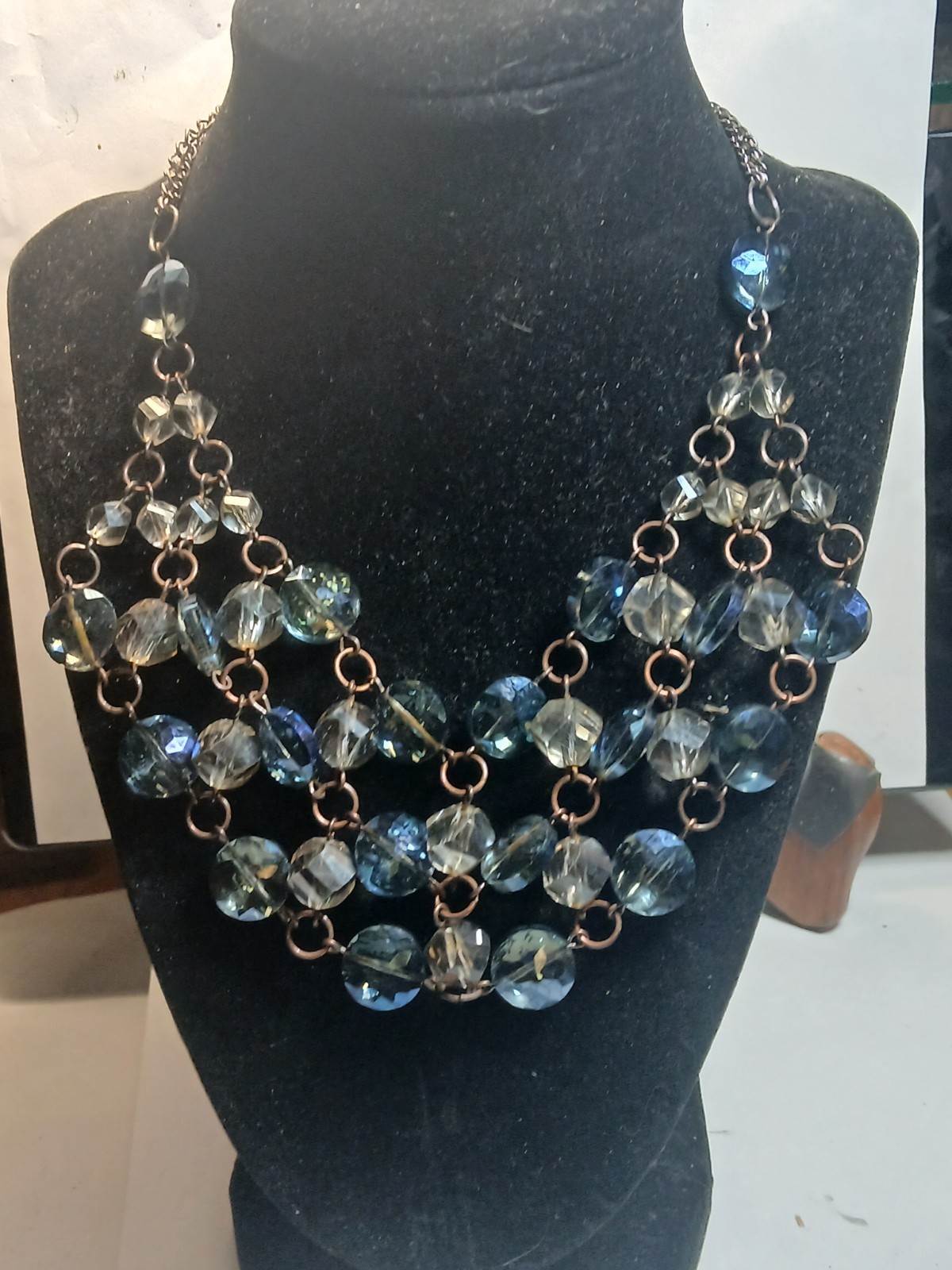 3 tiered gold tone chain with clear & blue glass dangling crystal necklace