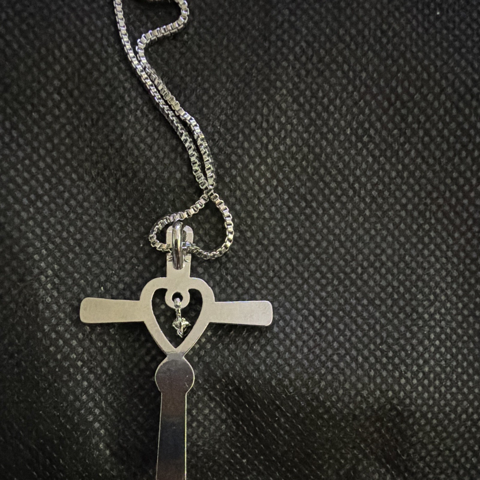 Silver Tone Cross Heart Rhinestone Pendant Necklace, Box Chain, Lobster Clasp