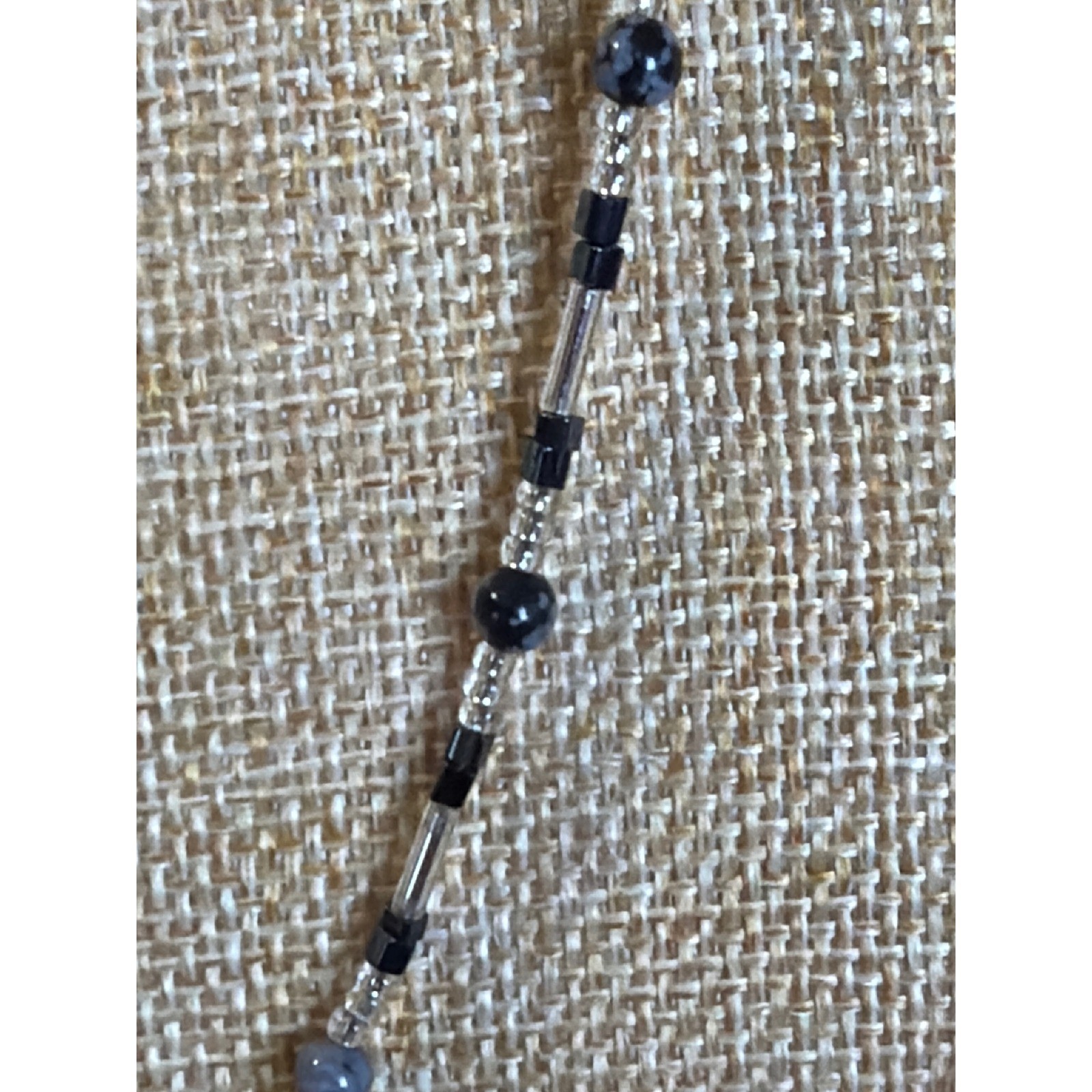 Black Grey Clear Beaded Strand Necklace Silver Tone Lobster Clasp