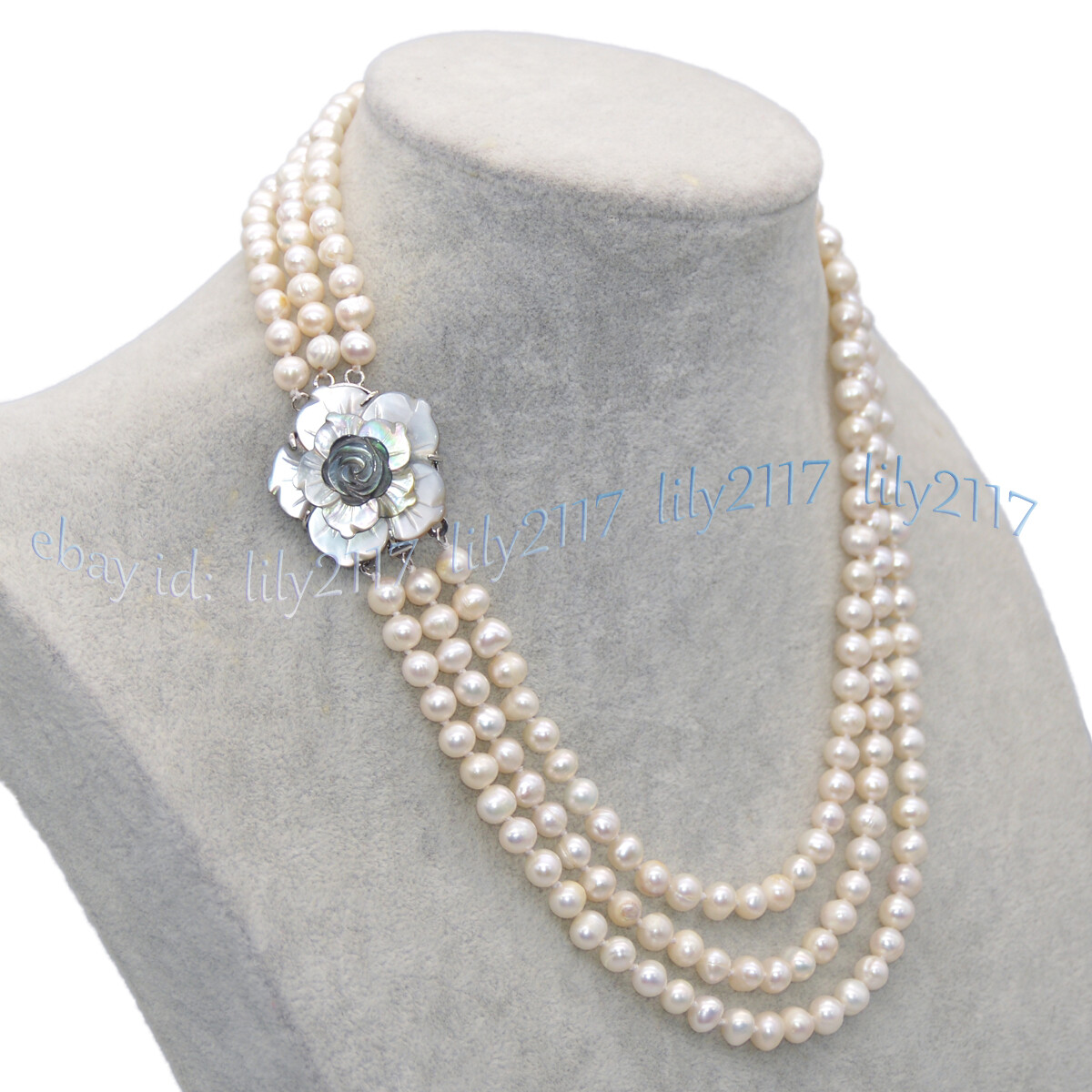 3Rows Natural 6-7mm Akoya Freshwater Cultured White Pearl Beads Necklace 17-19”