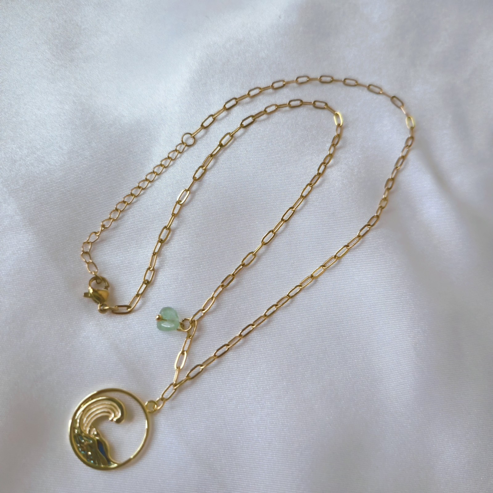 18K Gold-plated Link Chain Necklace w/ Round Wave Charm Pendant & Green Crystal