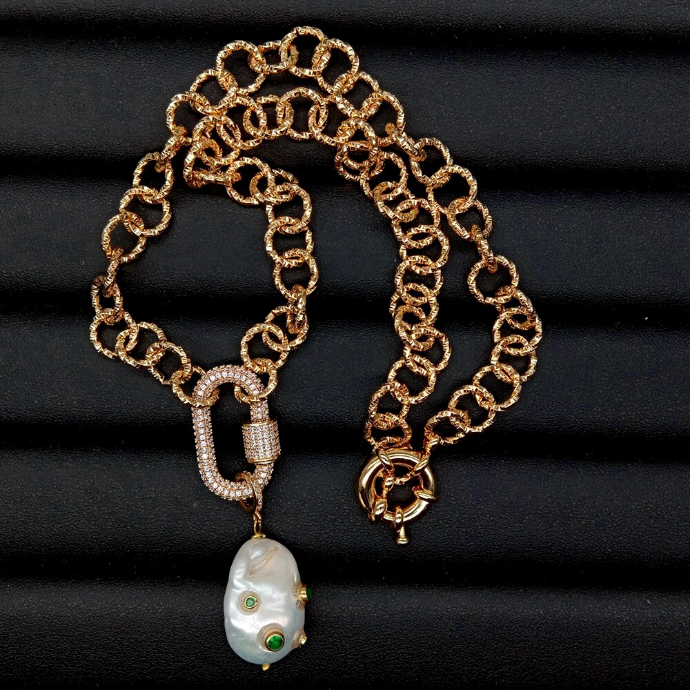 Cultured White Keshi Pearl Green Cz Pave Gold Plated Chain Necklace 18″