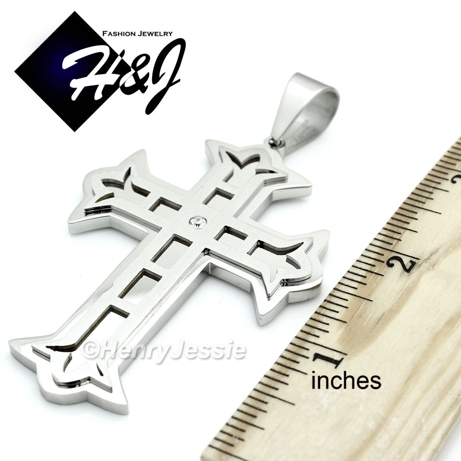 30″MEN Stainless Steel 9mm Silver Byzantine Box Link Chain CZ Cross Pendant*L5