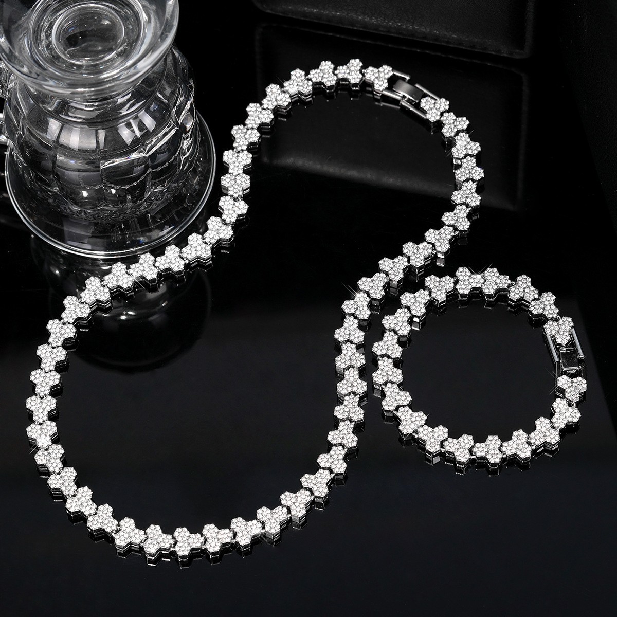 Tennis Jewelry Set Gold Stainless Steel zirconia stone unisex Necklace Bracelet