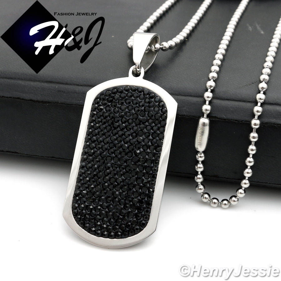30″MEN Stainless Steel 2.5mm Silver Beaded Chain Black CZ Dog Tag Pendant*B43