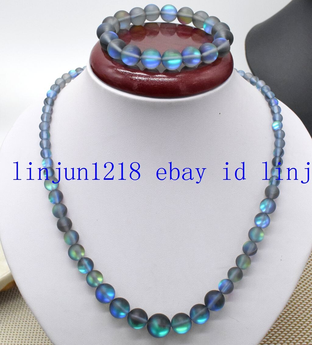 NEW 6-12/10MM Gray Gleamy Rainbow Moonstone Gemstone Bracelet Necklace18/7.5 in